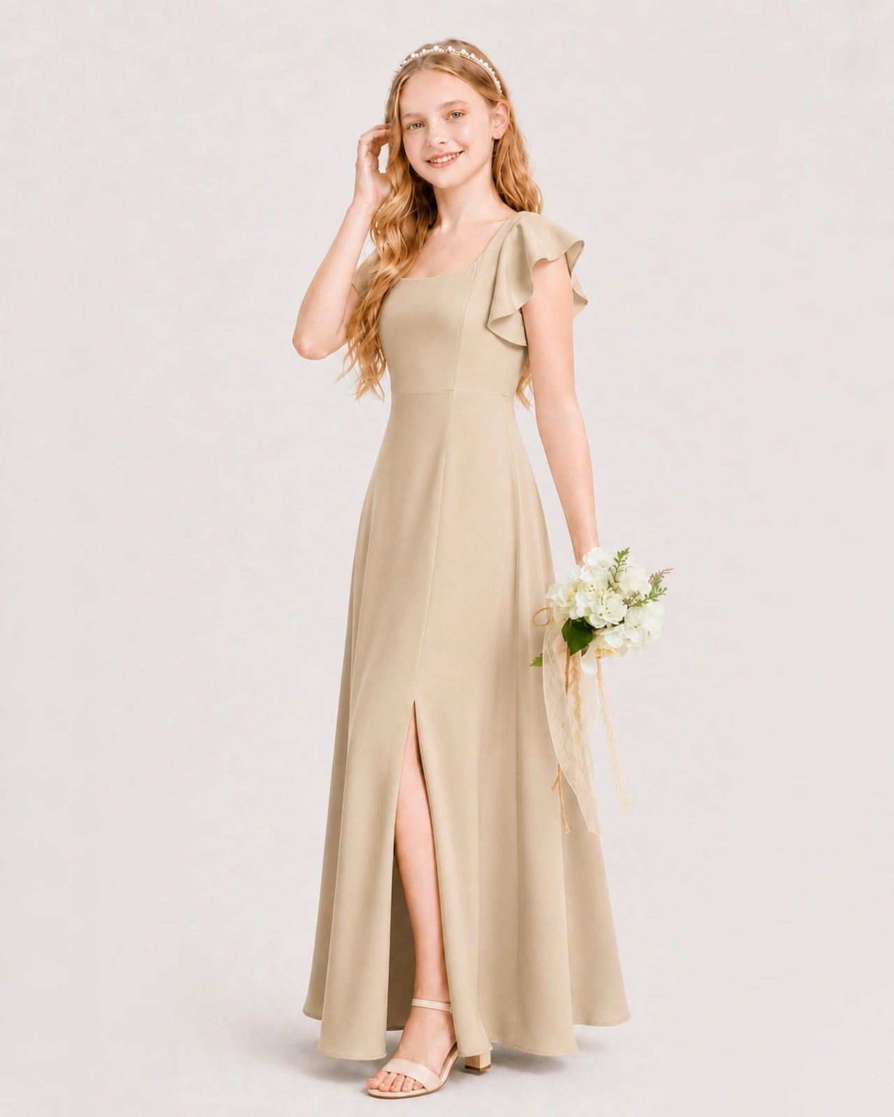 Champagne Junior Bridesmaid Dress Square Neck Flutter Sleeve A-Line Maxi Gown Side View