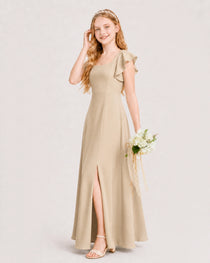 Champagne Junior Bridesmaid Dress Square Neck Flutter Sleeve A-Line Maxi Gown Side View