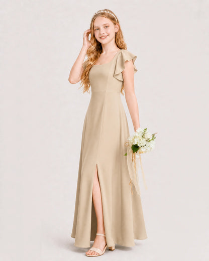 Champagne Junior Bridesmaid Dress Square Neck Flutter Sleeve A-Line Maxi Gown Side View
