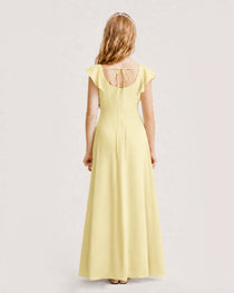 Daffodil Junior Bridesmaid Dress Square Neck Flutter Sleeve A-Line Maxi Gown Back View