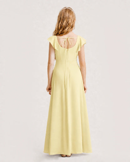 Daffodil Junior Bridesmaid Dress Square Neck Flutter Sleeve A-Line Maxi Gown Back View