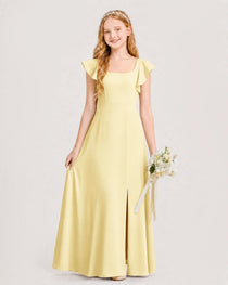 Daffodil Junior Bridesmaid Dress Square Neck Flutter Sleeve A-Line Maxi Gown Front View