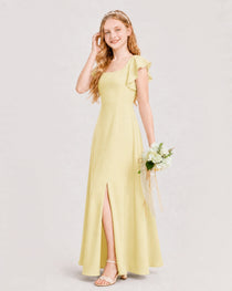 Daffodil Junior Bridesmaid Dress Square Neck Flutter Sleeve A-Line Maxi Gown SIde View