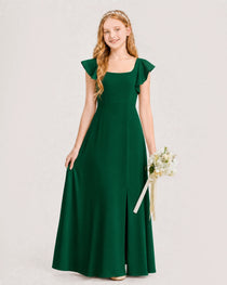 Dark Green Junior Bridesmaid Dress Square Neck Flutter Sleeve A-Line Maxi Gown Front View