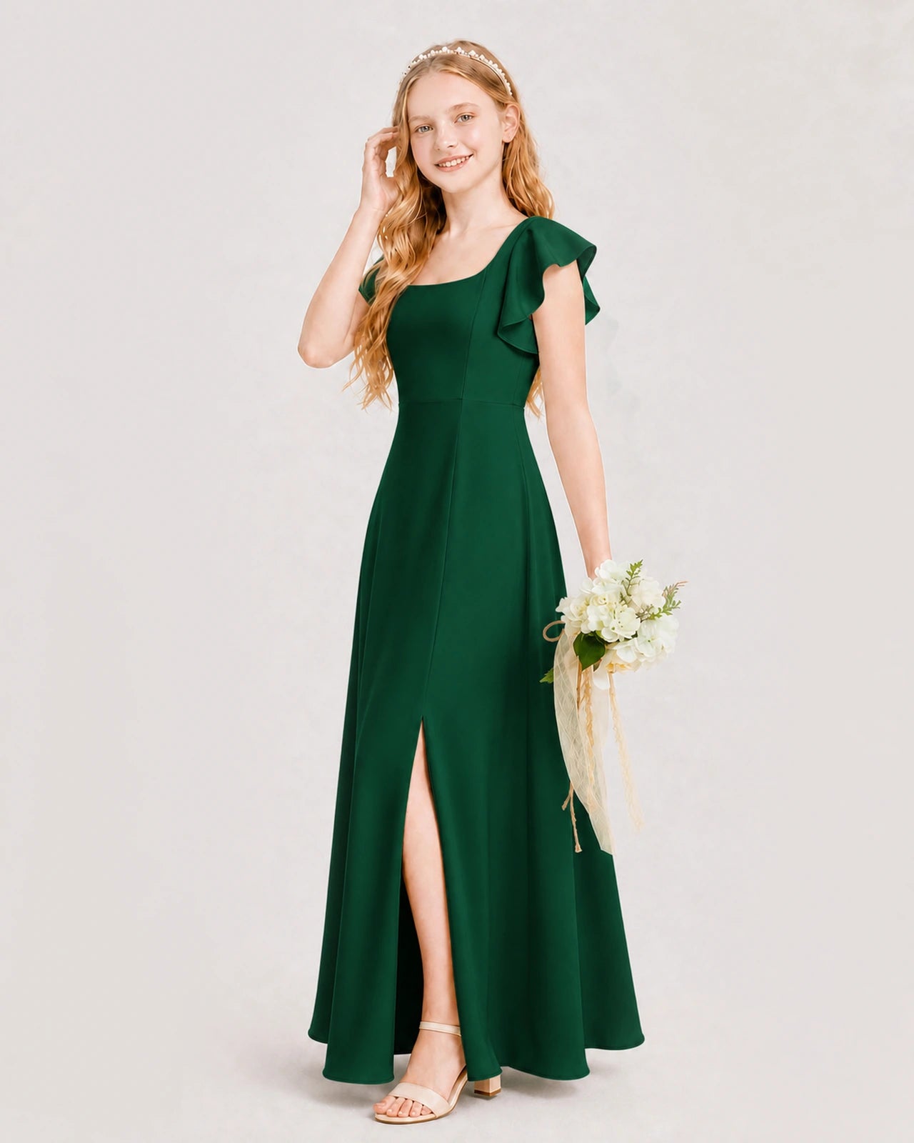 Dark Green Junior Bridesmaid Dress Square Neck Flutter Sleeve A-Line Maxi Gown Side View