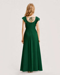 Dark Green Junior Bridesmaid Dress Square Neck Flutter Sleeve A-Line Maxi Gown Back View
