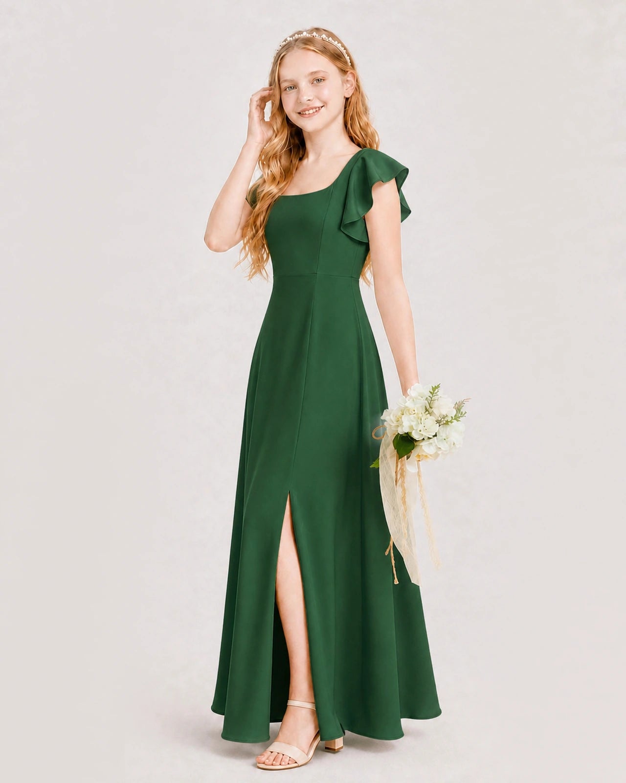 Emerald Green Junior Bridesmaid Dress Square Neck Flutter Sleeve A-Line Maxi Gown Side View