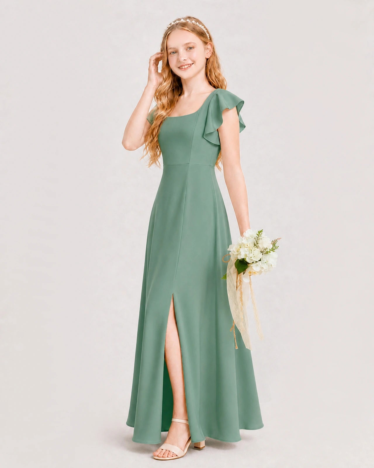 Eucalyptus Junior Bridesmaid Dress Square Neck Flutter Sleeve A-Line Maxi Gown side view
