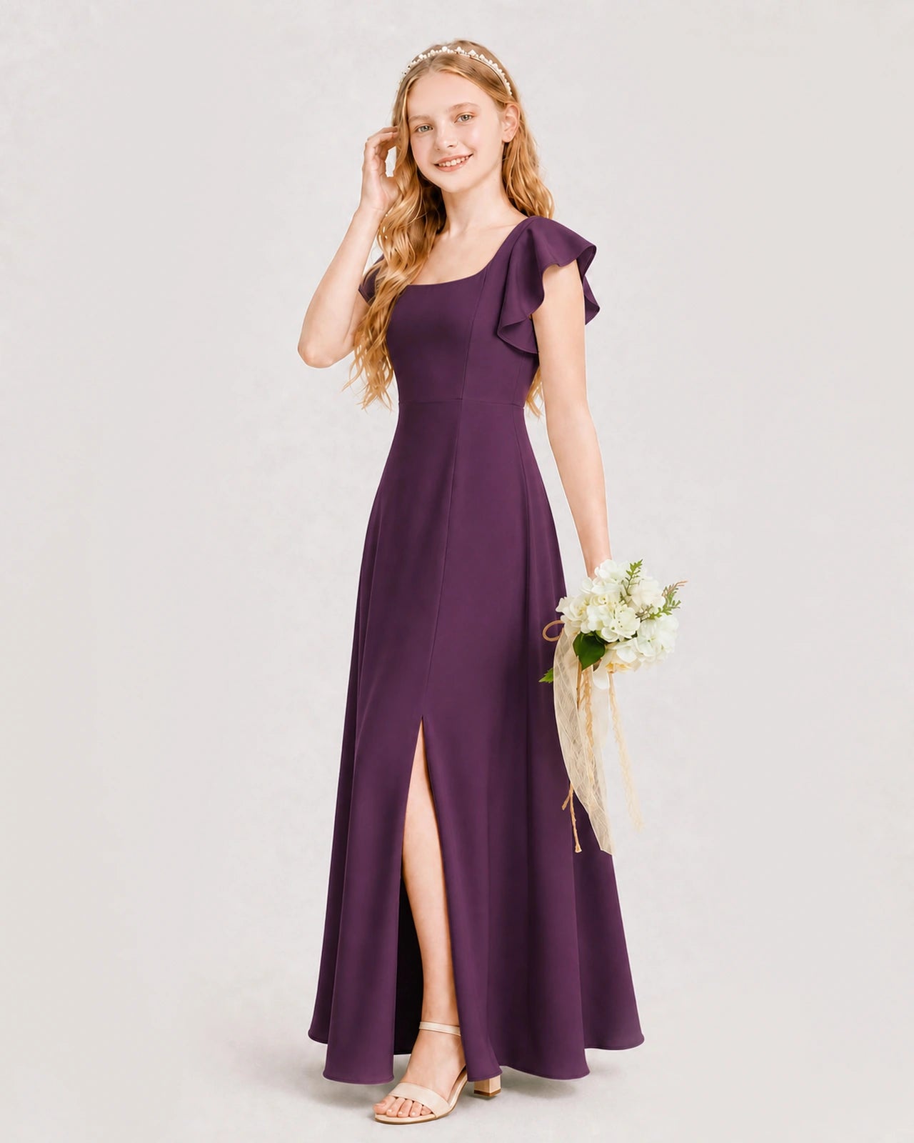 Grape Junior Bridesmaid Dress Square Neck Flutter Sleeve A-Line Maxi Gown Side View