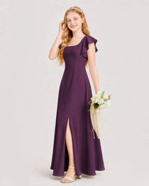Grape Junior Bridesmaid Dress Square Neck Flutter Sleeve A-Line Maxi Gown Side View