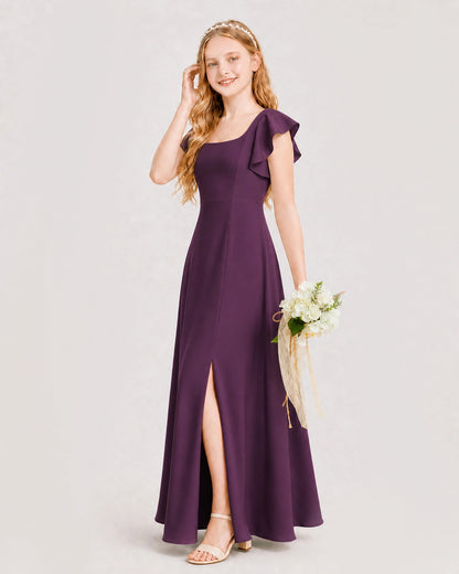 Grape Junior Bridesmaid Dress Square Neck Flutter Sleeve A-Line Maxi Gown Side View