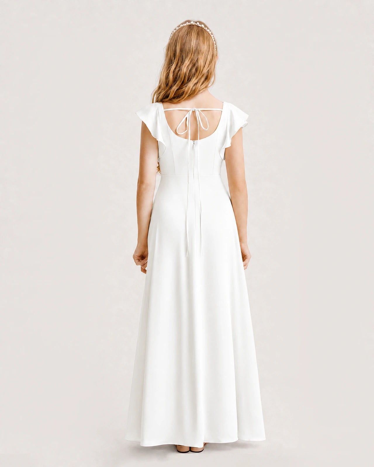 Ivoey Junior Bridesmaid Dress Square Neck Flutter Sleeve A-Line Maxi Gown Back View