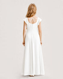 Ivoey Junior Bridesmaid Dress Square Neck Flutter Sleeve A-Line Maxi Gown Back View