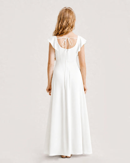 Ivoey Junior Bridesmaid Dress Square Neck Flutter Sleeve A-Line Maxi Gown Back View