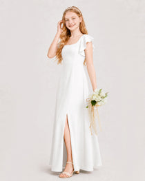 Ivoey Junior Bridesmaid Dress Square Neck Flutter Sleeve A-Line Maxi Gown Side View