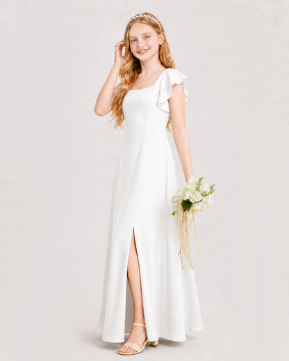 Ivoey Junior Bridesmaid Dress Square Neck Flutter Sleeve A-Line Maxi Gown Side View