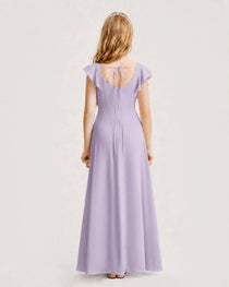 Lavender Junior Bridesmaid Dress Square Neck Flutter Sleeve A-Line Maxi Gown Back View