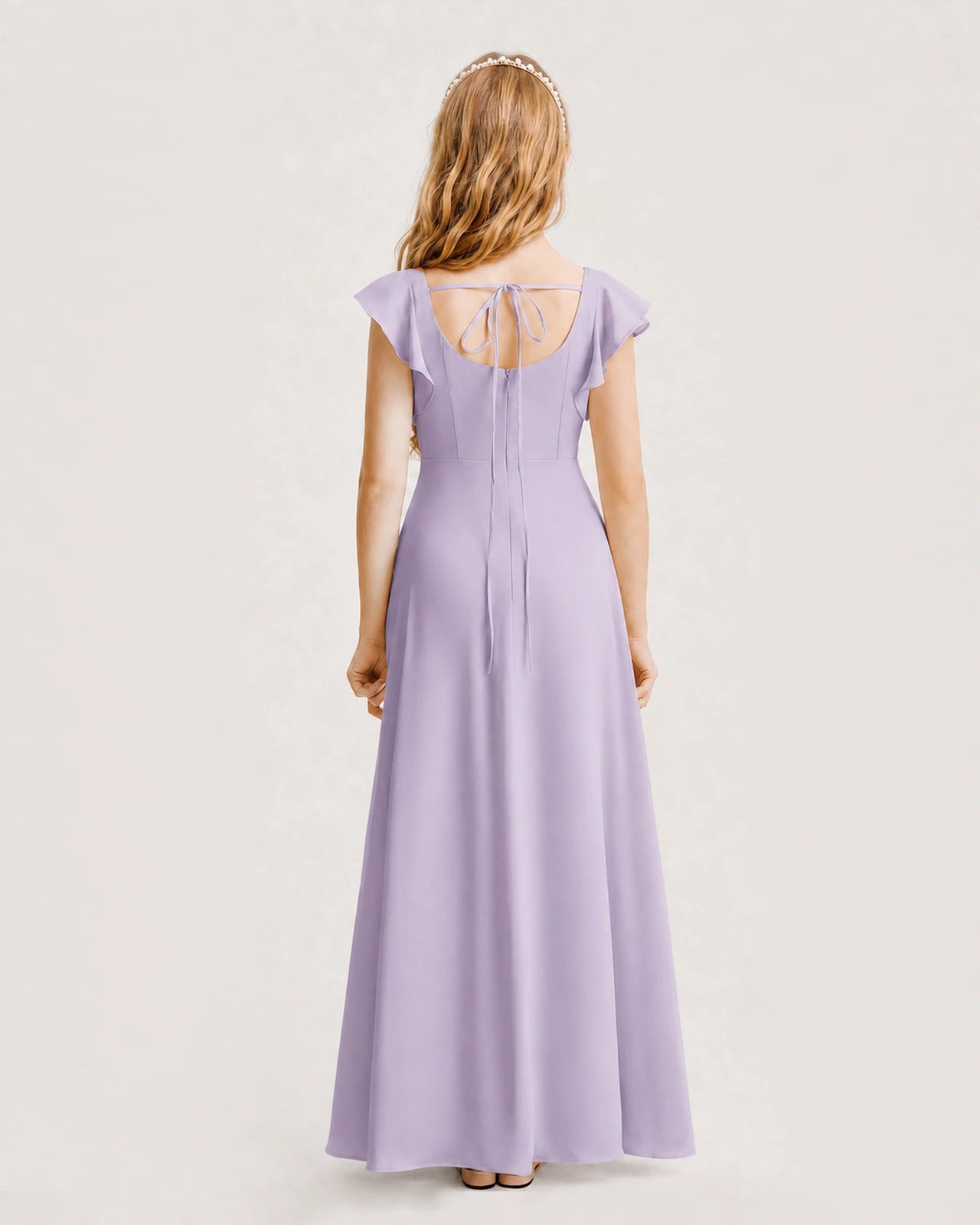 Lavender Junior Bridesmaid Dress Square Neck Flutter Sleeve A-Line Maxi Gown Back View