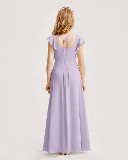 Lavender Junior Bridesmaid Dress Square Neck Flutter Sleeve A-Line Maxi Gown Back View