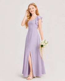 Lavender Junior Bridesmaid Dress Square Neck Flutter Sleeve A-Line Maxi Gown Side View