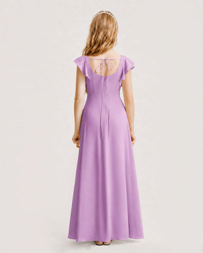 Lilac Junior Bridesmaid Dress Square Neck Flutter Sleeve A-Line Maxi Gown Back View