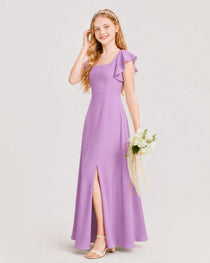 Lilac Junior Bridesmaid Dress Square Neck Flutter Sleeve A-Line Maxi Gown Side View