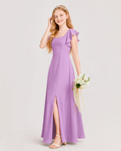 Lilac Junior Bridesmaid Dress Square Neck Flutter Sleeve A-Line Maxi Gown Side View