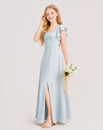 Mist Junior Bridesmaid Dress Square Neck Flutter Sleeve A-Line Maxi Gown Side View