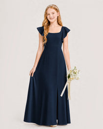 Navy Blue Junior Bridesmaid Dress Square Neck Flutter Sleeve A-Line Maxi Gown Front View