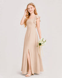 Peach Junior Bridesmaid Dress Square Neck Flutter Sleeve A-Line Maxi Gown Side View