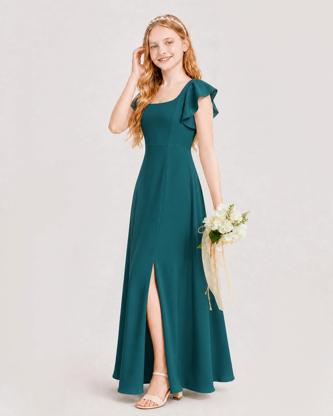 Peacock Junior Bridesmaid Dress Square Neck Flutter Sleeve A-Line Maxi Gown Side View