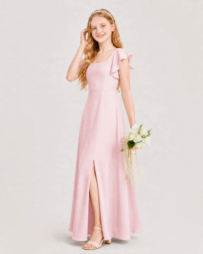 Pink Junior Bridesmaid Dress Square Neck Flutter Sleeve A-Line Maxi Gown Side View