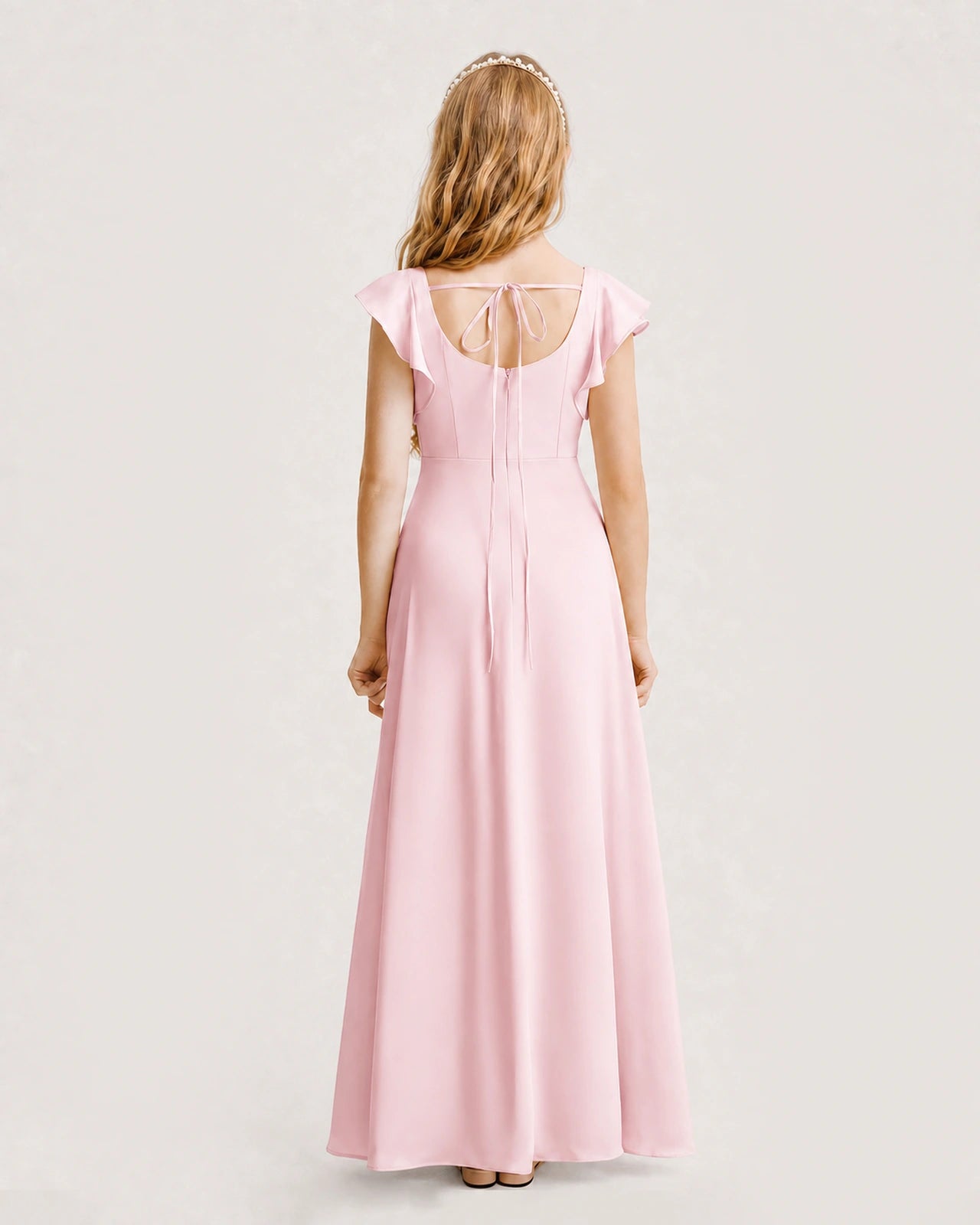Pink Junior Bridesmaid Dress Square Neck Flutter Sleeve A-Line Maxi Gown Back View