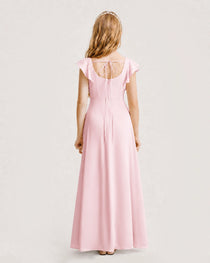 Pink Junior Bridesmaid Dress Square Neck Flutter Sleeve A-Line Maxi Gown Back View