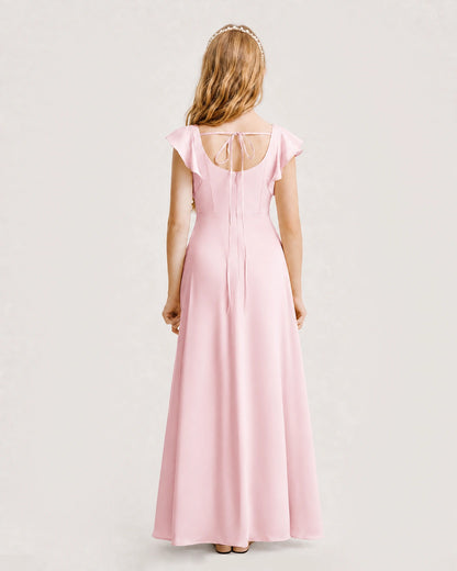 Pink Junior Bridesmaid Dress Square Neck Flutter Sleeve A-Line Maxi Gown Back View