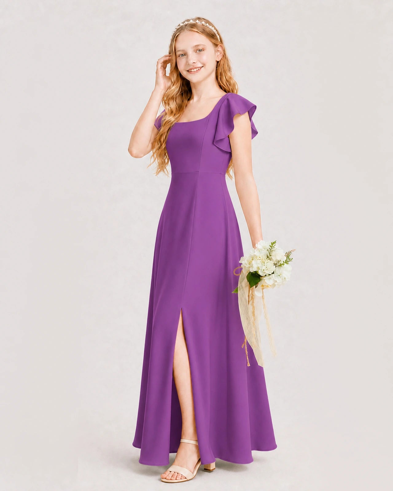 Purple Junior Bridesmaid Dress Square Neck Flutter Sleeve A-Line Maxi Gown Side View