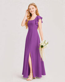Purple Junior Bridesmaid Dress Square Neck Flutter Sleeve A-Line Maxi Gown Side View