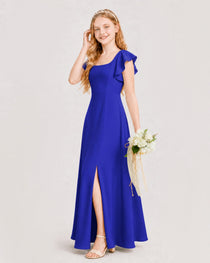 Royal Blue Junior Bridesmaid Dress Square Neck Flutter Sleeve A-Line Maxi Gown Side View