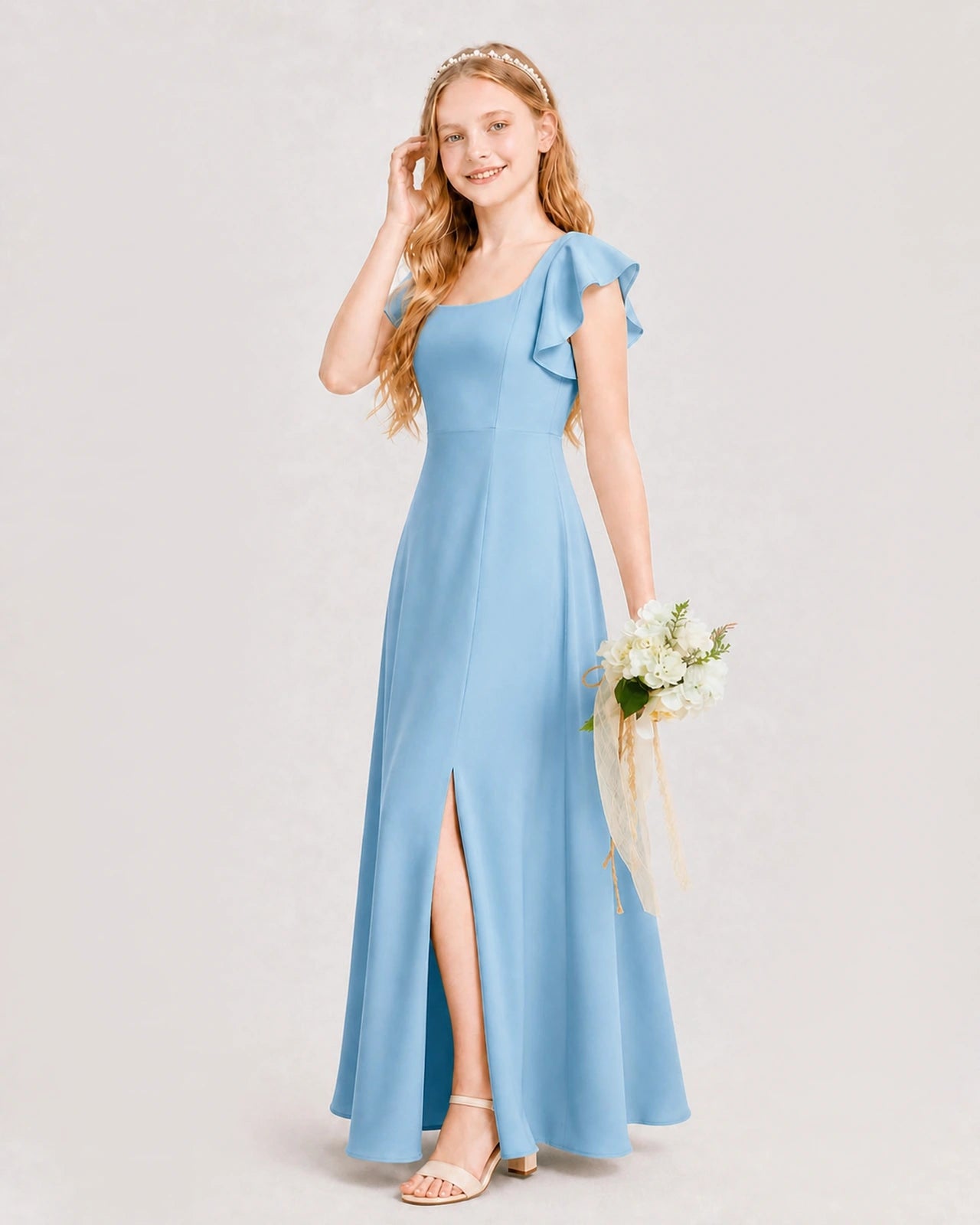 Sky Blue Junior Bridesmaid Dress Square Neck Flutter Sleeve A-Line Maxi Gown Side View