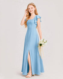 Sky Blue Junior Bridesmaid Dress Square Neck Flutter Sleeve A-Line Maxi Gown Side View