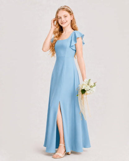 Sky Blue Junior Bridesmaid Dress Square Neck Flutter Sleeve A-Line Maxi Gown Side View