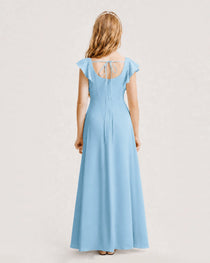 Sky Blue Junior Bridesmaid Dress Square Neck Flutter Sleeve A-Line Maxi Gown Back View