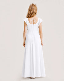 White Junior Bridesmaid Dress Square Neck Flutter Sleeve A-Line Maxi Gown Back View