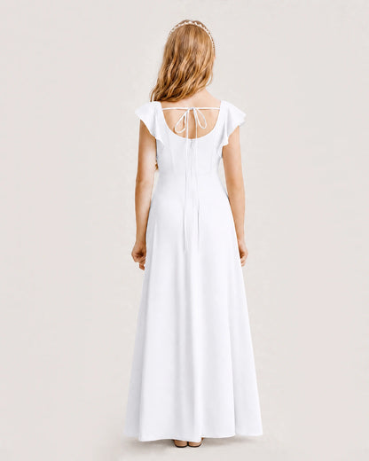 White Junior Bridesmaid Dress Square Neck Flutter Sleeve A-Line Maxi Gown Back View