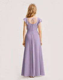 Wisteria Junior Bridesmaid Dress Square Neck Flutter Sleeve A-Line Maxi Gown Back View