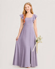 Wisteria Junior Bridesmaid Dress Square Neck Flutter Sleeve A-Line Maxi Gown Front View
