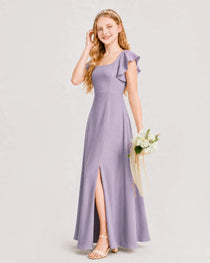 Wisteria Junior Bridesmaid Dress Square Neck Flutter Sleeve A-Line Maxi Gown Side View