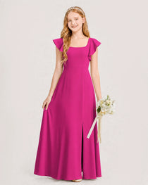 Hot Pink Junior Bridesmaid Dress Square Neck Flutter Sleeve A-Line Maxi Gown Front View