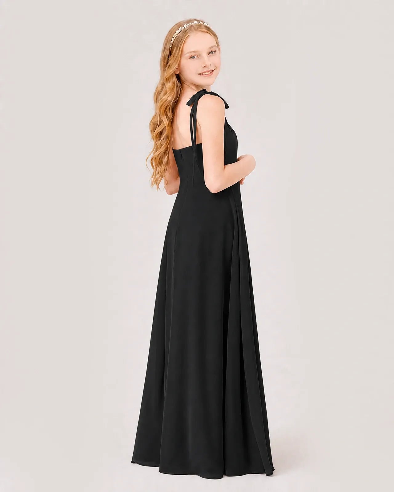 Black Chiffon A-line Junior Bridesmaid Dress Back View
