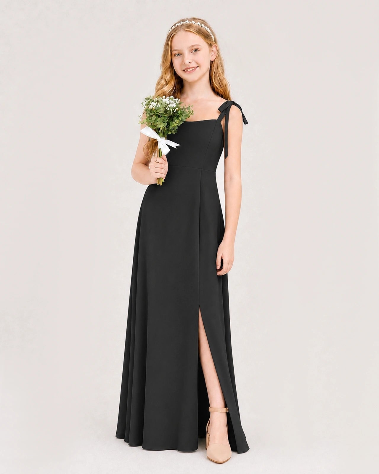 Dideyttawl Chiffon Junior Bridesmaid Dress with Shoulder Tie Straps